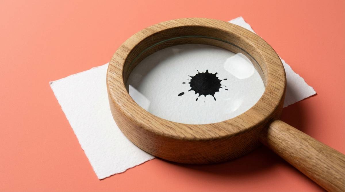 Szkło powiększające nad czarna plama na koralowym tle