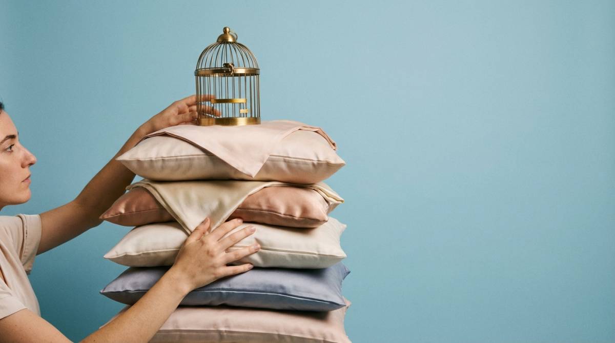 Profil osoby budującej wieżę z poduszek i złotej klatki