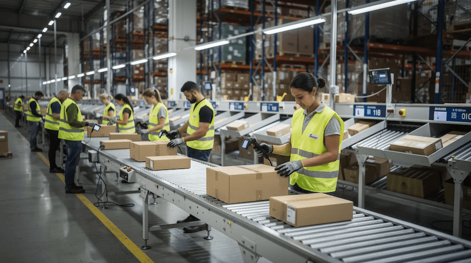 Pracownicy przy linii pakowania paczek